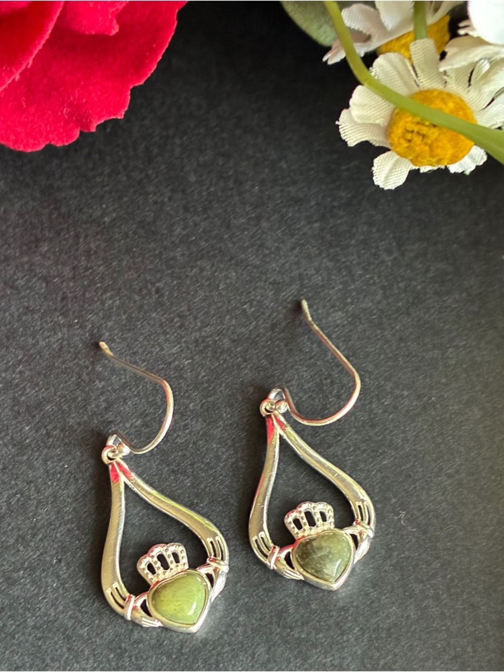 Green Stone Claddagh Drop Earrings in Silver-Tone